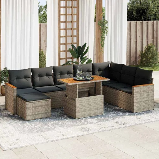 Conjunto Sofás Jardim Almofadões Vime PE/Acácia Cinzento (9 pcs)