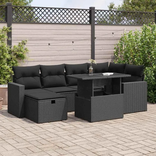 Conjunto de Sofás p/ Jardim c/ Almofadões Vime PE Preto (7 pcs)