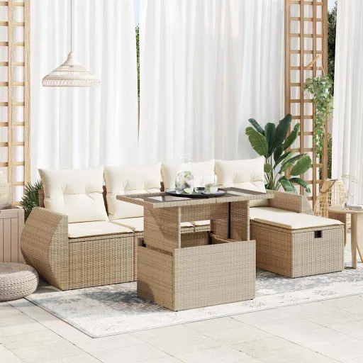 Conjunto de Sofás p/ Jardim com Almofadões Vime PE Bege (6 pcs)