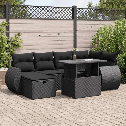 Conjunto de Sofás p/ Jardim c/ Almofadões Vime PE Preto (7 pcs)