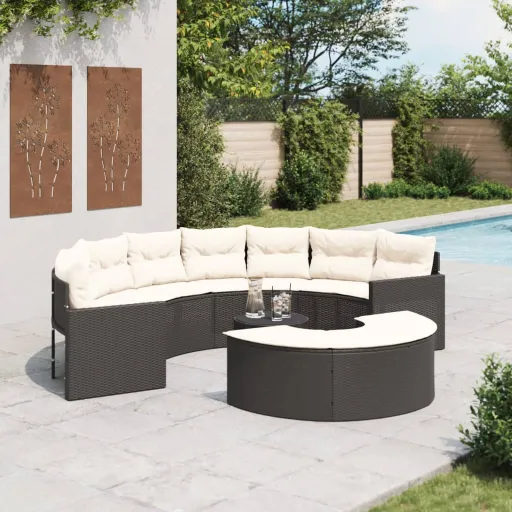 Conjunto de Sofás de Jardim Semicircular Vime PE Preto (3 pcs)