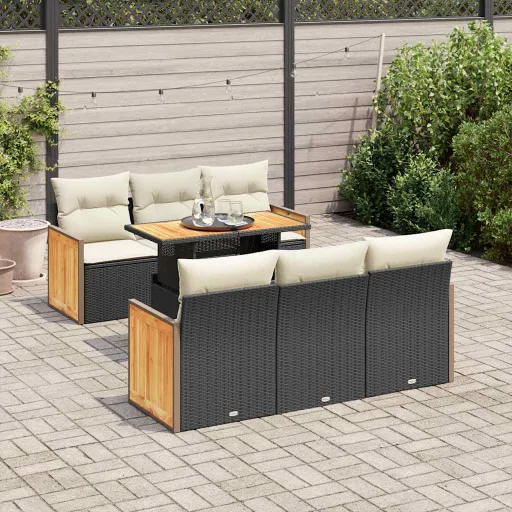 Conjunto Sofás Jardim c/ Almofadões Vime PE/Acácia Preto (7 pcs)