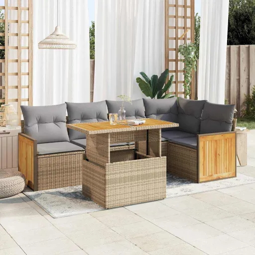Conjunto Sofás Jardim com Almofadões Vime PE/Acácia Bege (6 pcs)