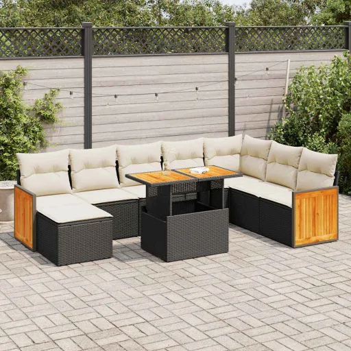 Conjunto Sofás p/ Jardim Almofadões Vime PE/Acácia Preto (9 pcs)