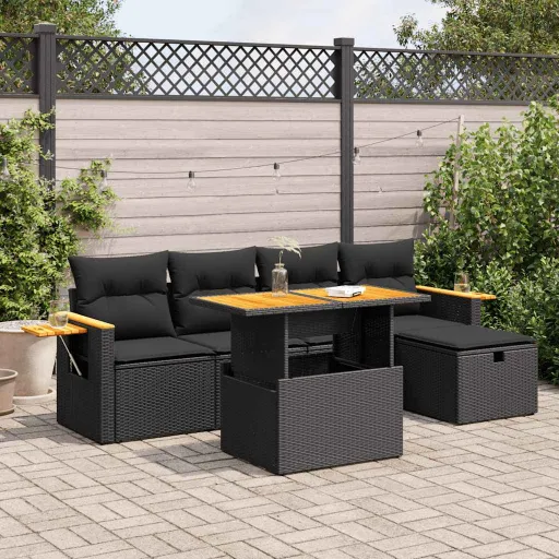 Conjunto Sofás de Jardim c/ Almofadões Vime PE Preto (6 pcs)