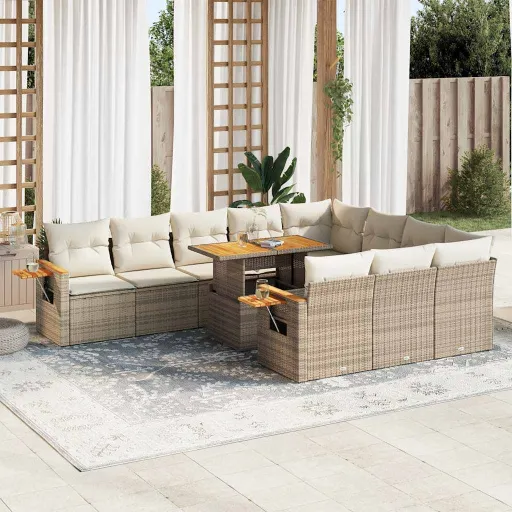 Conjunto Sofás Jardim c/ Almofadões Vime PE/Acácia Bege (11 pcs)