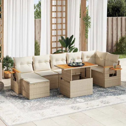 Conjunto Sofás Jardim com Almofadões Vime PE/Acácia Bege (8 pcs)