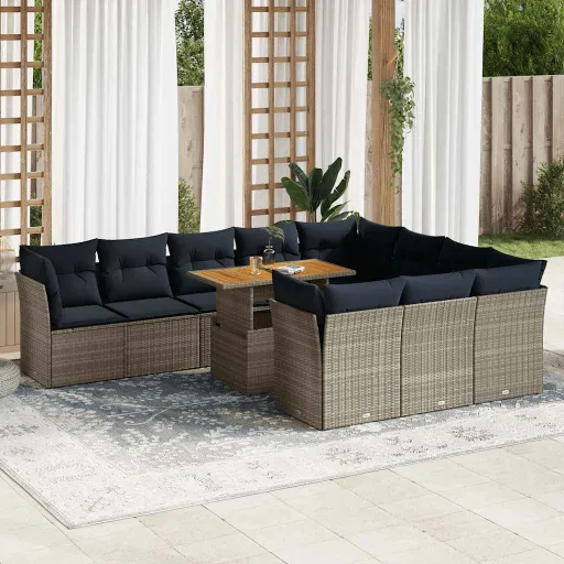 Conjunto Sofás de Jardim c/ Almofadões Vime PE Cinzento (11 pcs)