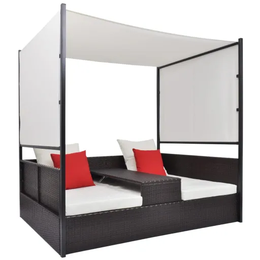 Espreguiçadeira de Jardim com Toldo 190x130 cm Vime PE Castanho