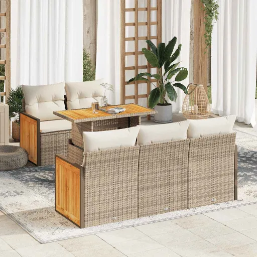Conjunto Sofás Jardim com Almofadões Vime PE/Acácia Bege (6 pcs)