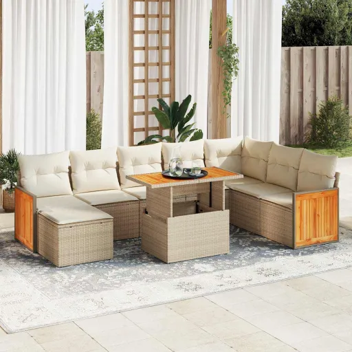 Conjunto Sofás Jardim com Almofadões Vime PE/Acácia Bege (9 pcs)