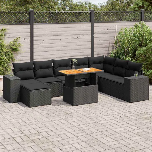 Conjunto Sofás p/ Jardim Almofadões Vime PE/Acácia Preto (9 pcs)