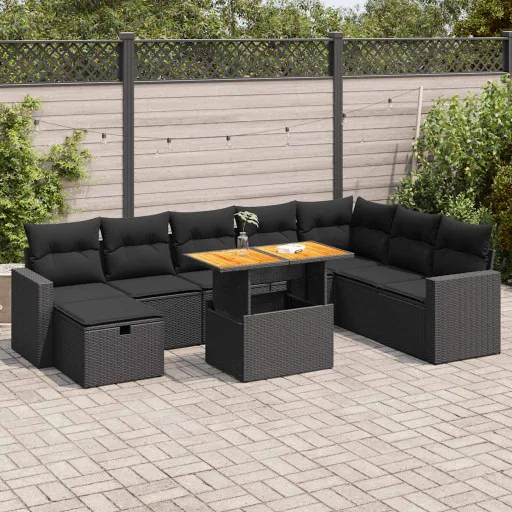 Conjunto Sofás Jardim c/ Almofadões Vime PE/Acácia Preto (9 pcs)