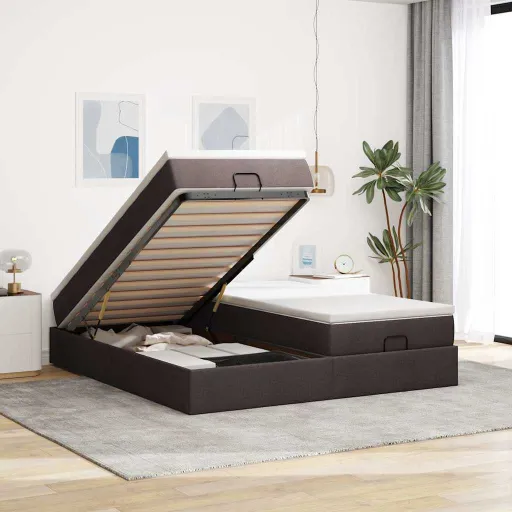 Estrutura de Cama Otomana com Colchões Tecido Castanho Escuro