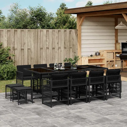 Conjunto de Jantar p/Jardim com Almofadões Vime PE Preto (13 pcs)