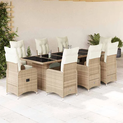 Conjunto de Bistrô para Jardim c/ Almofadões Vime PE Bege (9 pcs)