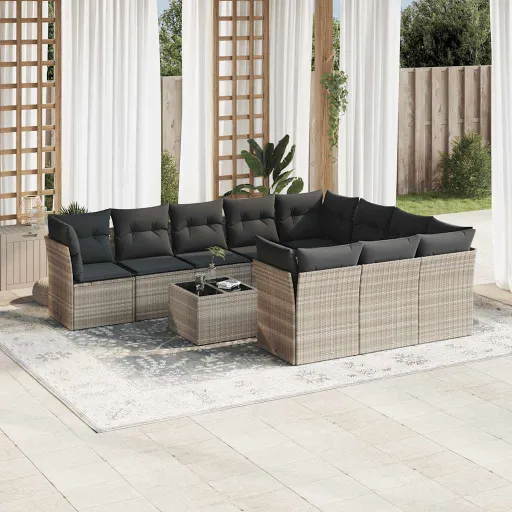 Conjunto Sofás de Jardim c/ Almofadões Vime PE Cinzento (11 pcs)