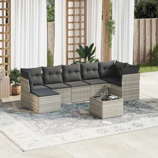 Conj. Sofás Jardim c/ Almofadões Vime PE Cinzento-Claro (8 pcs)