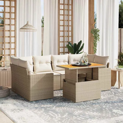 Conjunto de Sofás p/ Jardim com Almofadões Vime PE Bege (7 pcs)