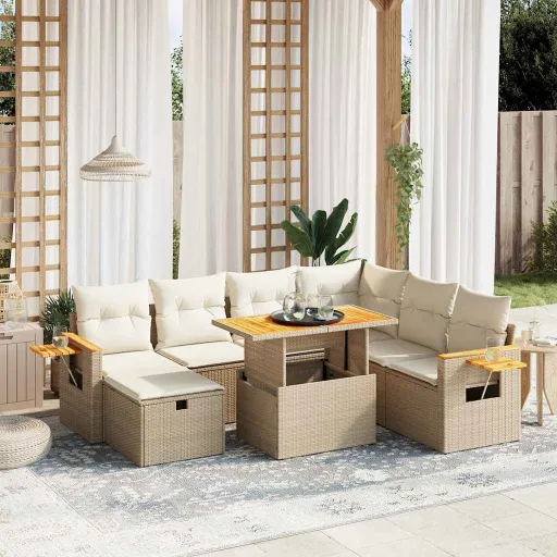 Conjunto de Sofás p/ Jardim com Almofadões Vime PE Bege (8 pcs)