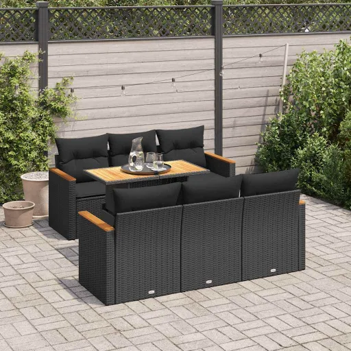 Conjunto Sofás Jardim c/ Almofadões Vime PE/Acácia Preto (7 pcs)