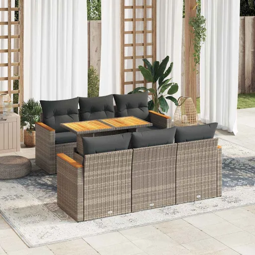 Conjunto Sofás Jardim Almofadões Vime PE/Acácia Cinzento (7 pcs)