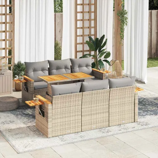 Conjunto Sofás Jardim com Almofadões Vime PE/Acácia Bege (7 pcs)