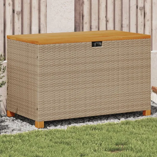 Caixa Arrumação Jardim 110x55x63 cm Vime PE/Acácia Maciça Bege