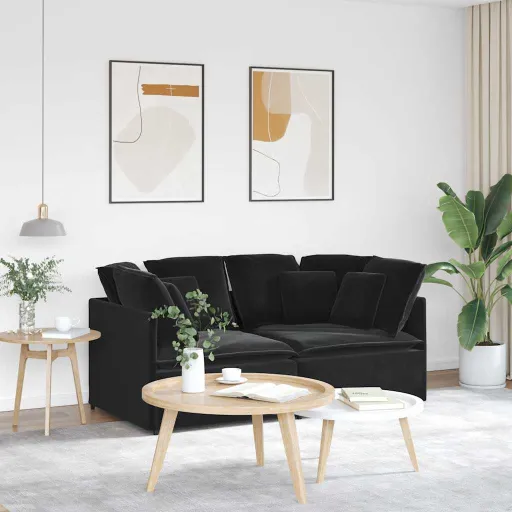 Sofá Modular com Almofadas Veludo Preto