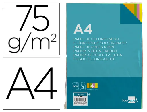Papel de Cor Din A4 75 gr Pack de 100 Quatro Cores Neon Sortidas