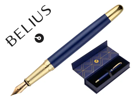 Caneta Belius Soiree Aluminio Desenho Art Deco Azul Marinho e Dourado Tinta Azul Caixa Design