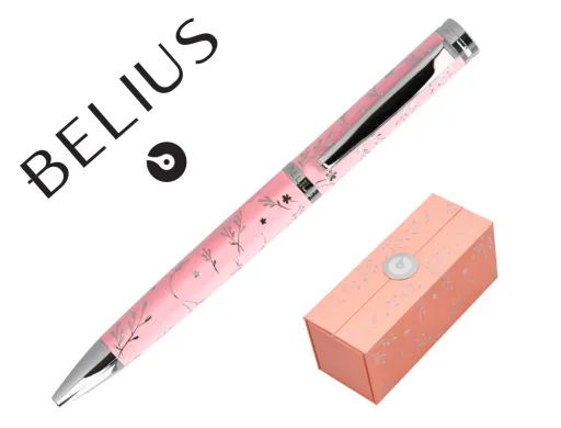 Esferografica Belius Bella Aluminio Cor Rosa Desenho Prateado Relevo Tinta Azul Caixa de Design