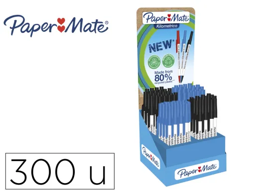 Esferografica Paper Mate Kilometrica Ponta 1 mm Plastico Reciclado 80% Expositor de 300 Unidades Cor Azul / Preto