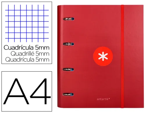 Carpeta Con Recarga Y Solapa Antartik A4 Cuadro 5 mm Forrada 4 Anillas Redondas 40mm Color Frambuesa