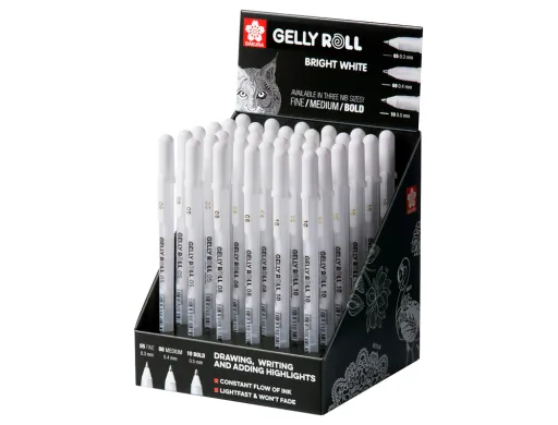 Marcador Sakura Gel Gelly Roll Gel Cor Branco Expositor de 36 Unidades Sortidas 05 mm 08 mm e 10 mm