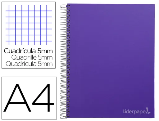 Caderno Espiral A4 Micro Jolly Tapa Forrada 140h 75 gr Cuadro 5mm 5 Bandas 4 Taladros Color Lila