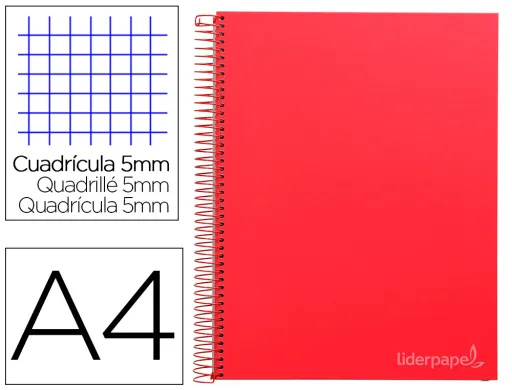 Caderno Espiral A4 Micro Jolly Tapa Forrada 140h 75 gr Cuadro 5mm 5 Bandas 4 Taladros Color Rojo