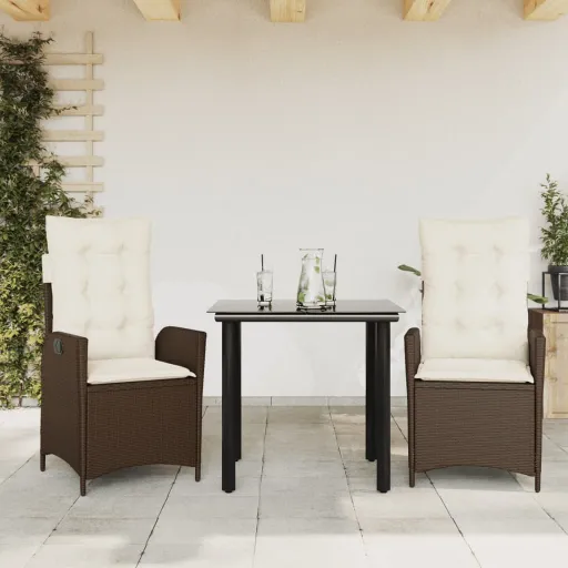 Conjunto Jantar p/ Jardim c/ Almofadões Vime PE Castanho (3 pcs)