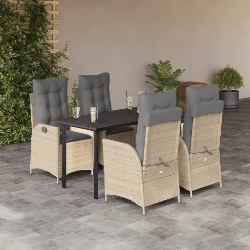 Conjunto de Jantar p/ Jardim com Almofadões Vime PE Bege (5 pcs)