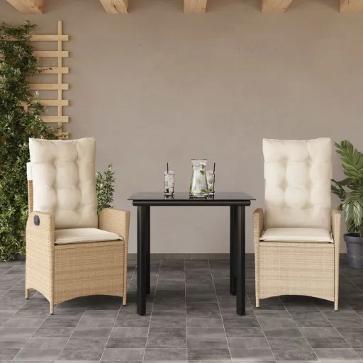 Conjunto de Jantar p/ Jardim com Almofadões Vime PE Bege (3 pcs)