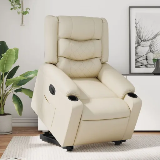Poltrona Reclinável Elevatória Elétrica Couro Artificial Creme