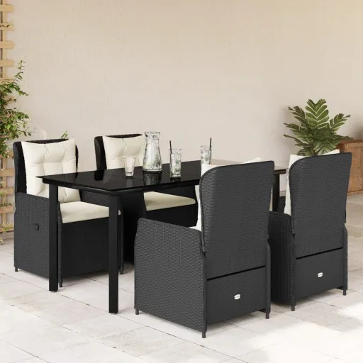Conjunto de Jantar p/ Jardim c/ Almofadões Vime PE Preto (5 pcs)