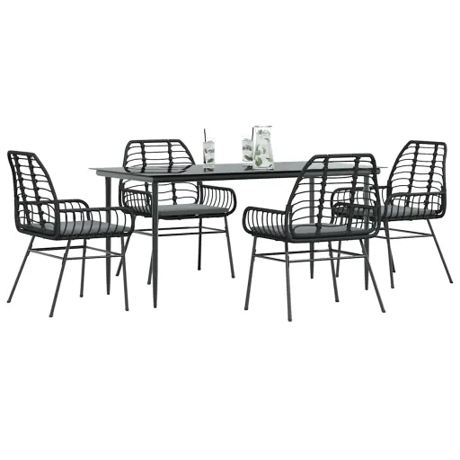 Conjunto de Jantar Jardim 5 Peças Almofadas Vidro Vime PE Preto