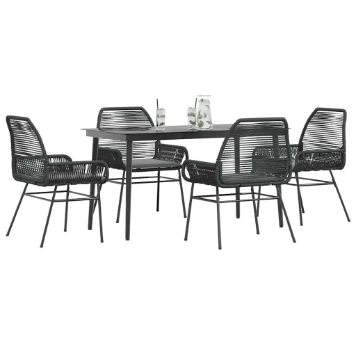 Conjunto de Jantar Jardim 5 Peças Almofadas Vidro Vime PE Preto
