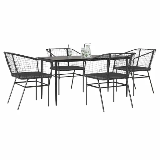 Conjunto de Jantar Jardim 5 Peças Almofadas Vidro Vime PE Preto