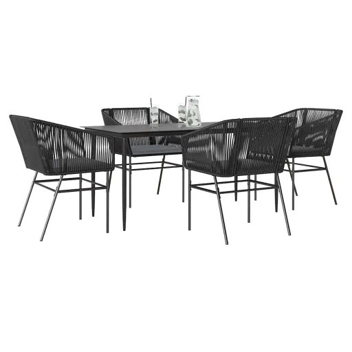Conjunto de Jantar Jardim 5 Peças Almofadas Vidro Vime PE Preto