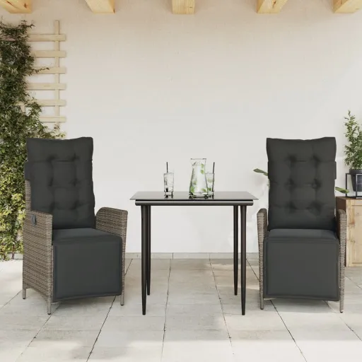 Conjunto de Jantar p/ Jardim c/ Almofadões Vime PE Cinza (3 pcs)