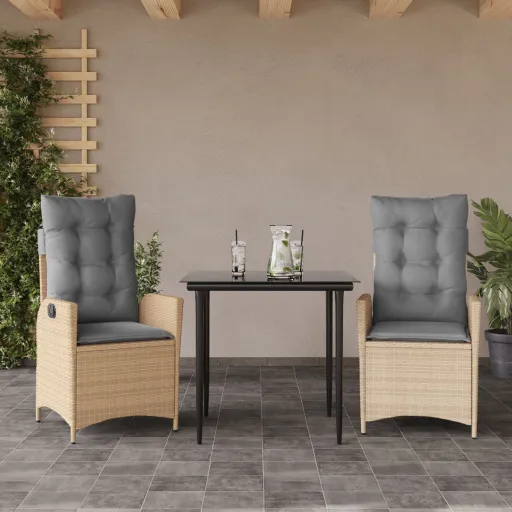 Conjunto de Jantar p/ Jardim com Almofadões Vime PE Bege (3 pcs)