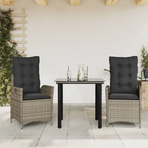 Conjunto de Jantar p/ Jardim c/ Almofadões Vime PE Cinza (3 pcs)