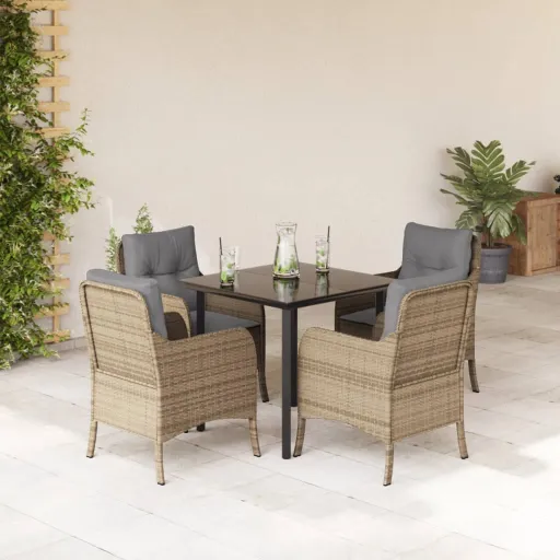 Conjunto de Jantar p/ Jardim com Almofadões Vime PE Bege (5 pcs)